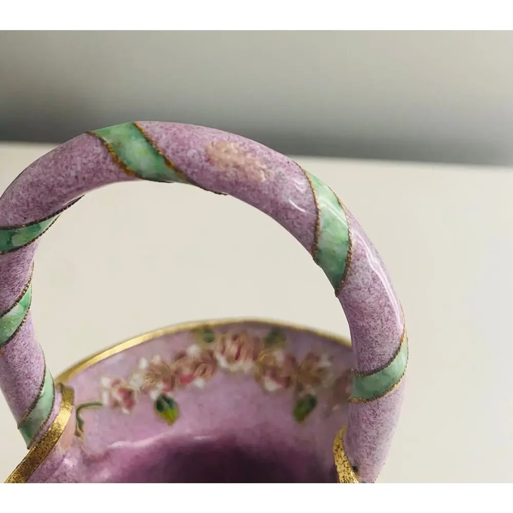 Vintage Chinese Cloisonne Lavender Purple Basket Vase Brass Floral Enamel, 6.25
